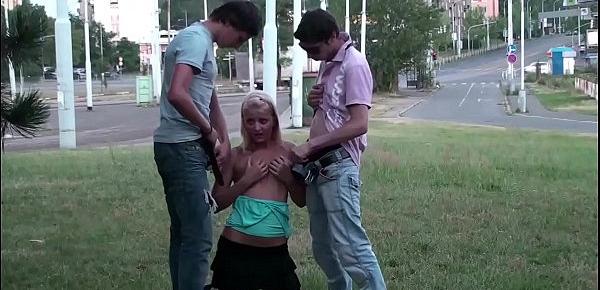  Center of a city public street sex 2 teen guys fucking a young blonde teen girl